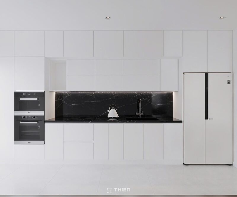 Tủ Bếp Trắng Dài 5m Mặt Đá Đen Hiện Đại Tối Giản TBT063